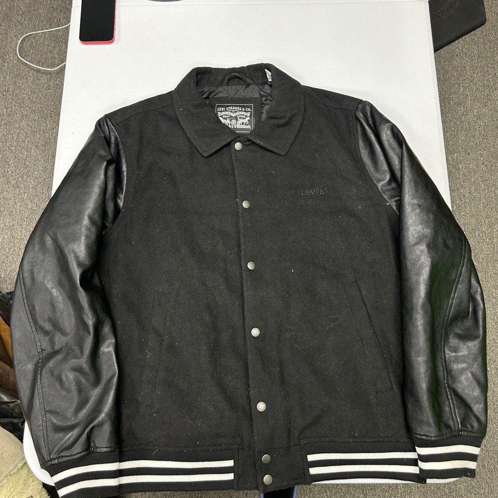 Levi's Varsity Jacket Mens XL Black Wool Blend Faux Leather Sleeves Letterman
